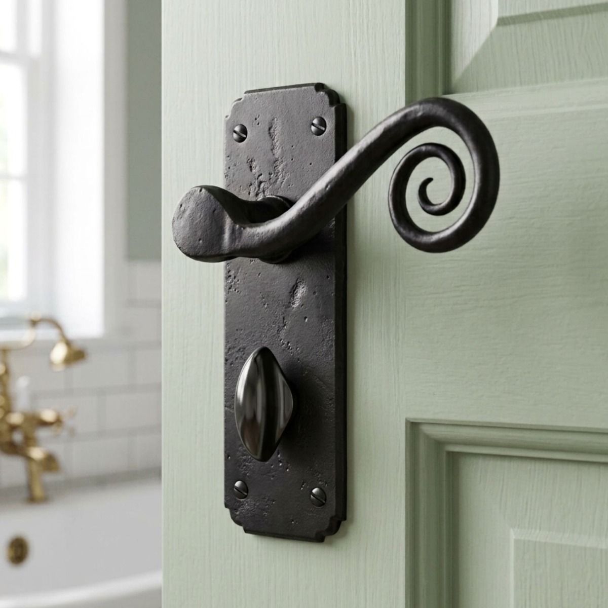 The "Ververt" Black Monkey tail Lever Bathroom Set on a Light Green Door Leading to a White Tiled Bathroom - Digital Illustration