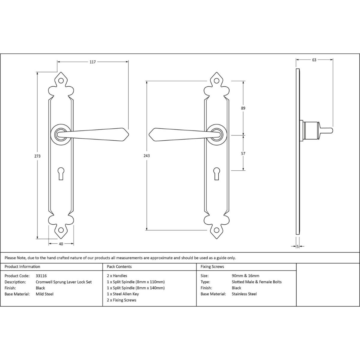 The "Vittoria" Black Tudor Sprung Lever Lock Set Technical Drawings and Dimensions 