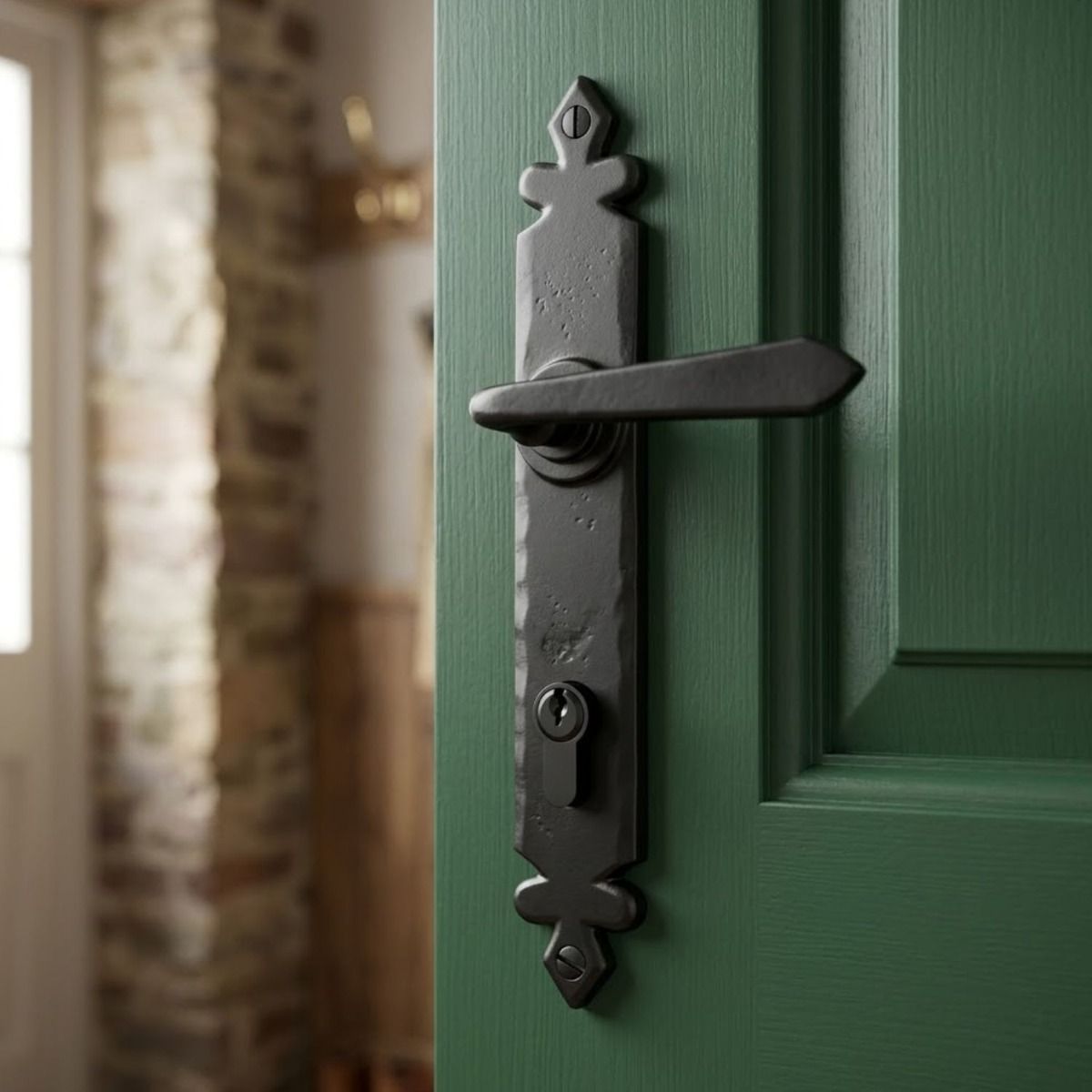 The "Vittoria" Black Unsprung Tudor Espagnolette Lever Set with Euro Cylinder Lock on a Green Door - Digital Illustration 