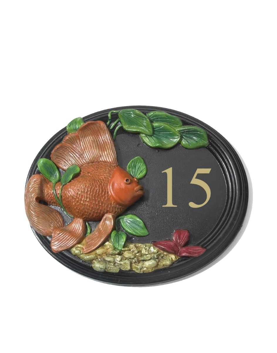 The "Wellhurst Lakes" Hand Painted Goldfish House Sign on a White Background 