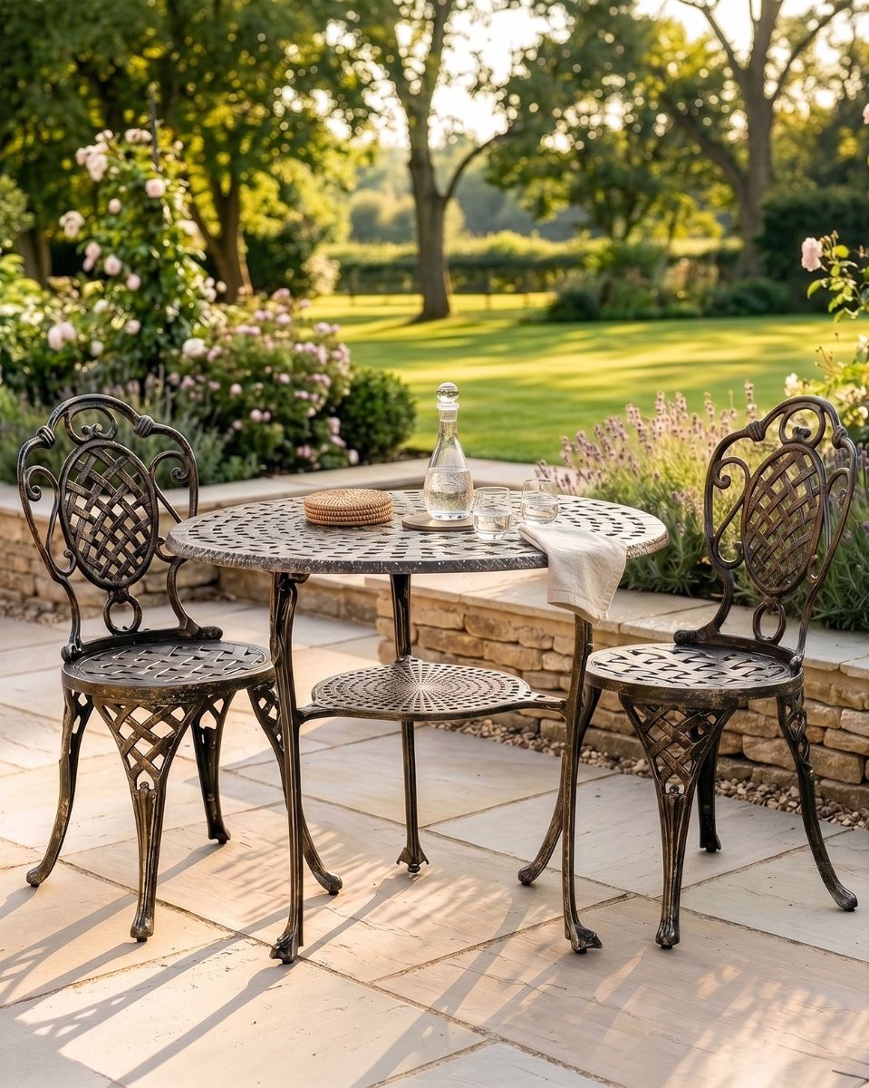 The "Wentworth" 2-Seater Garden Dining Set - Brushed Gold digital illustration dressed table