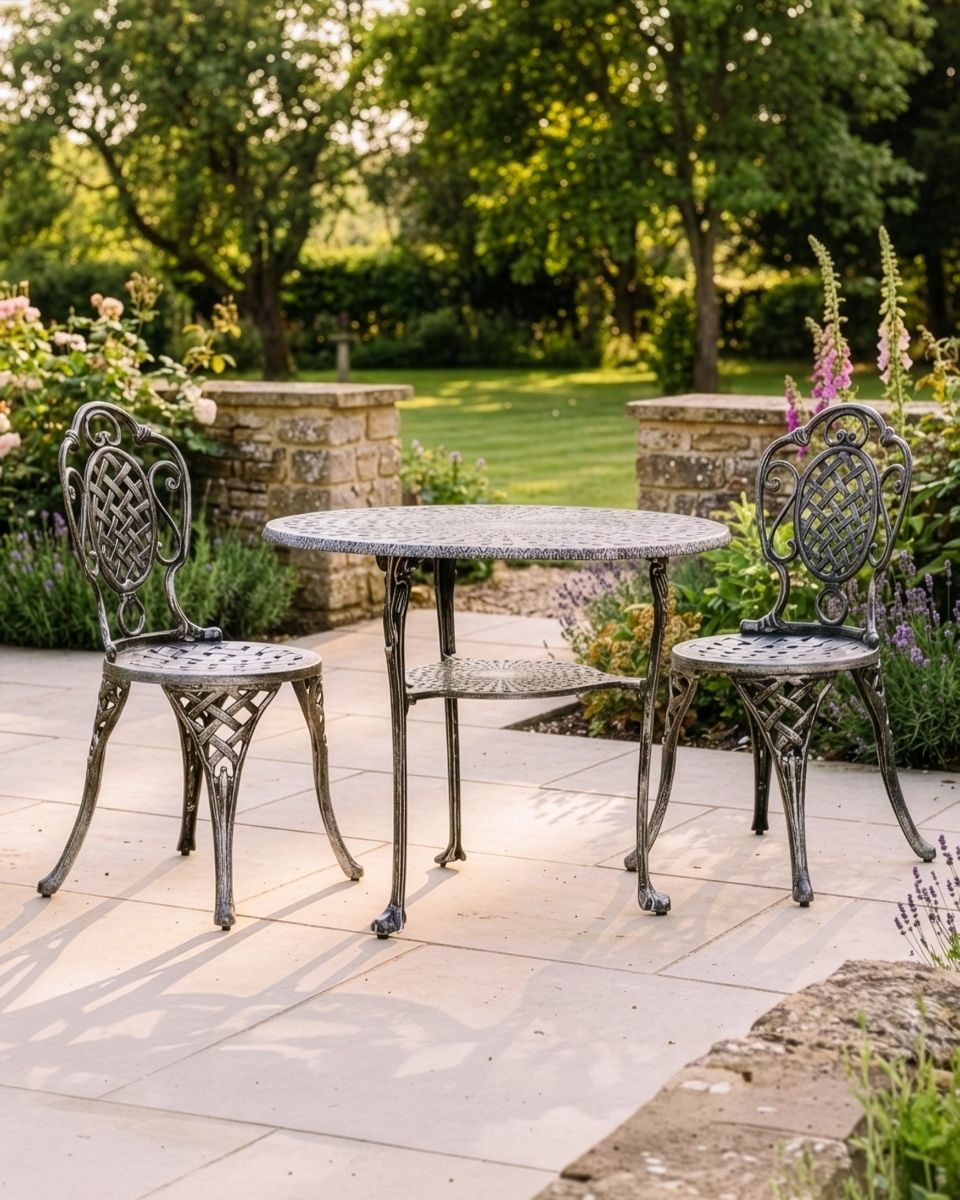 The "Wentworth" 2-Seater Outdoor Dining Set - Antique Silver digital illustration
