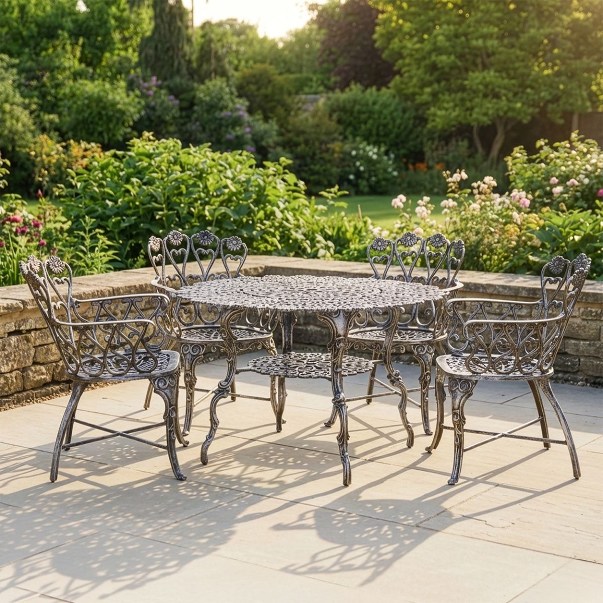The "Wootton House" 4-Seater Garden Dining Set - Antique Silver digital illustration