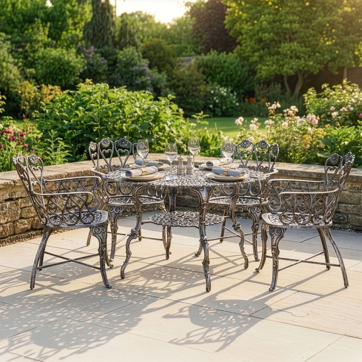The "Wootton House" 4-Seater Garden Dining Set - Antique Silver digital illustration dressed table