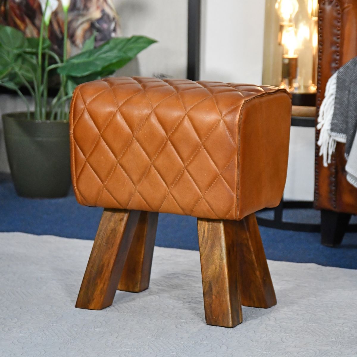 The "Yale" Mango Wood & Tan Leather Stool 
