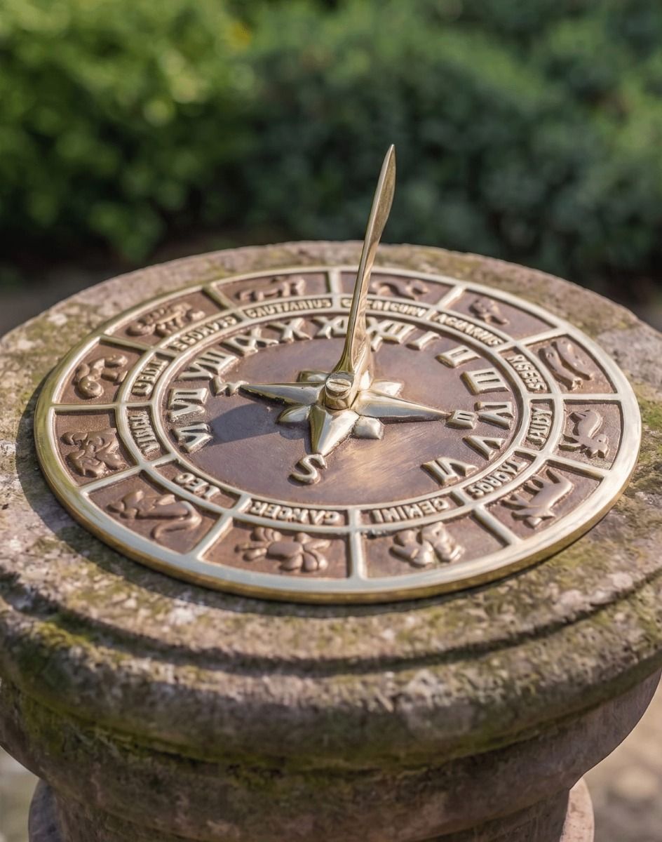The 230mm Antique Brass "Horoscope" Sundial Fitted on a Circular Stone Plinth - Digital Illustration