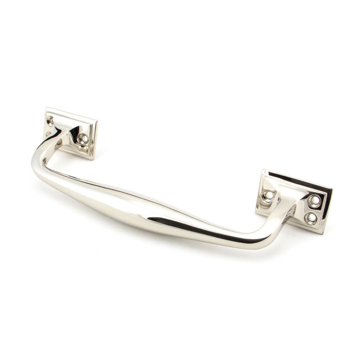 The 230mm Swelled Grip Pull Handle with Roses in Polished Nickel on a White Background 