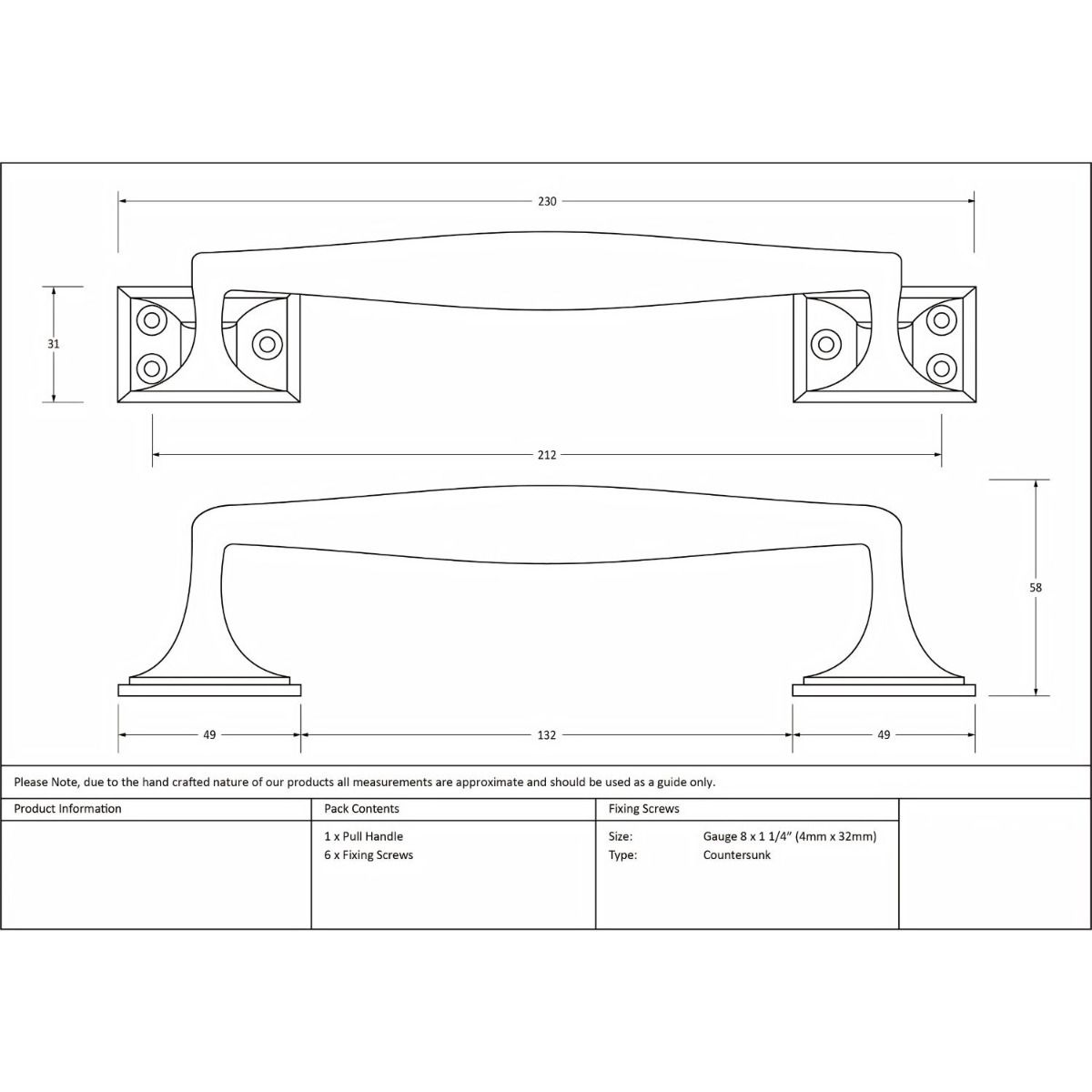 The 230mm Swelled Grip Pull Handle with Roses in Polished Nickel Technical Drawings and Dimensions 
