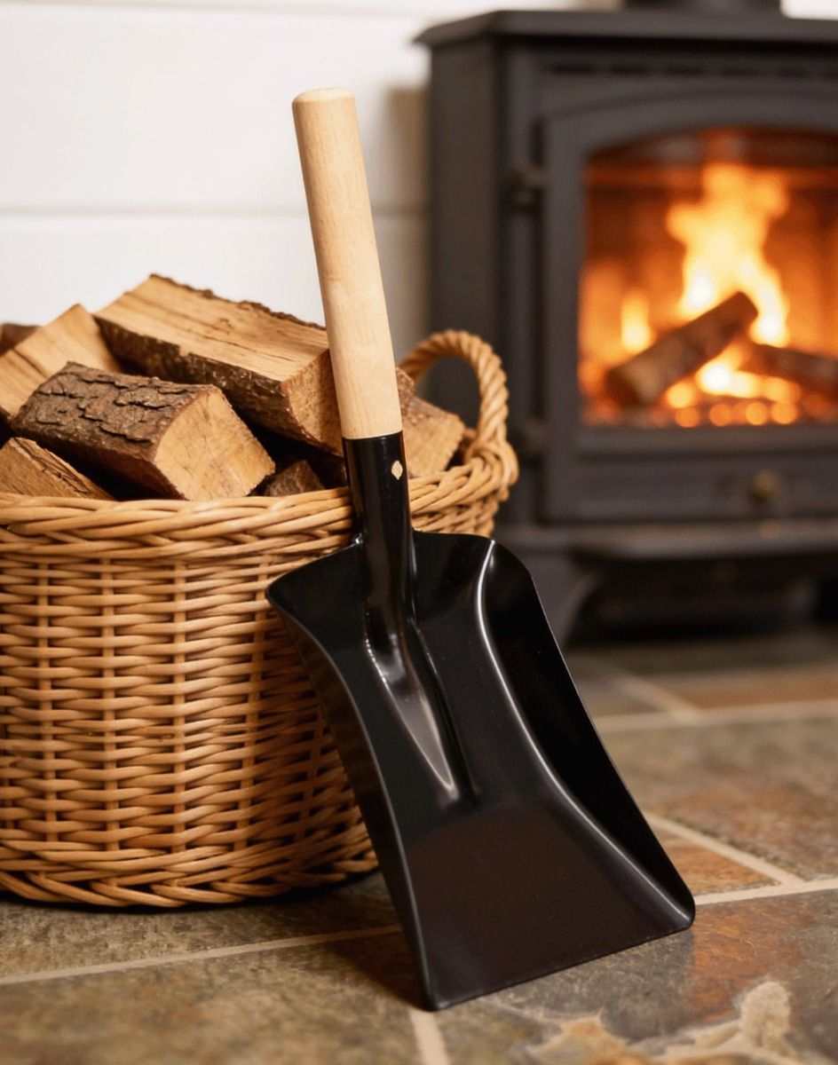 The 23cm Traditional Coal Shovel With Light Wood Handle Displayed in Front of a Lit Fire Place on a Stone Tiled Floor - Digital Illustration
