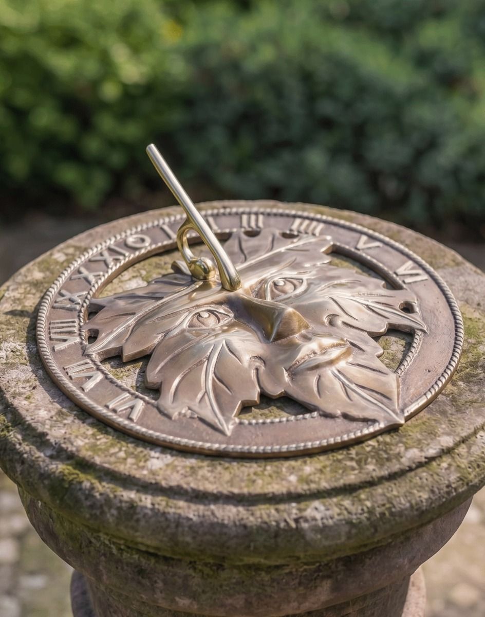 The 24cm Antique Brass "Greenman" Sundial Mounted on a Stone Pillar in a Sunny Garden - Digital Illustration