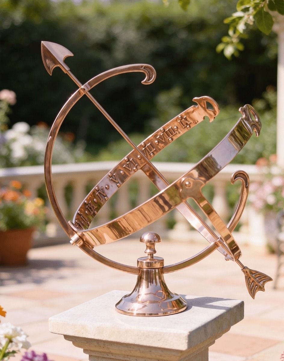 The 24cm Polished Copper Armillary on a Garden Wall next to a Sunny Veranda - Digital Illustration