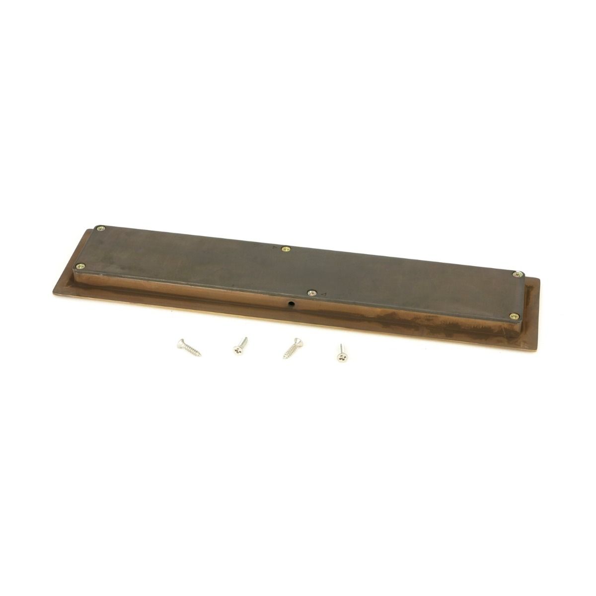 The 250mm Art Deco Rectangular Flush Pull Handle in Aged Brass Shown from Behind with Supplied Fitting Screws