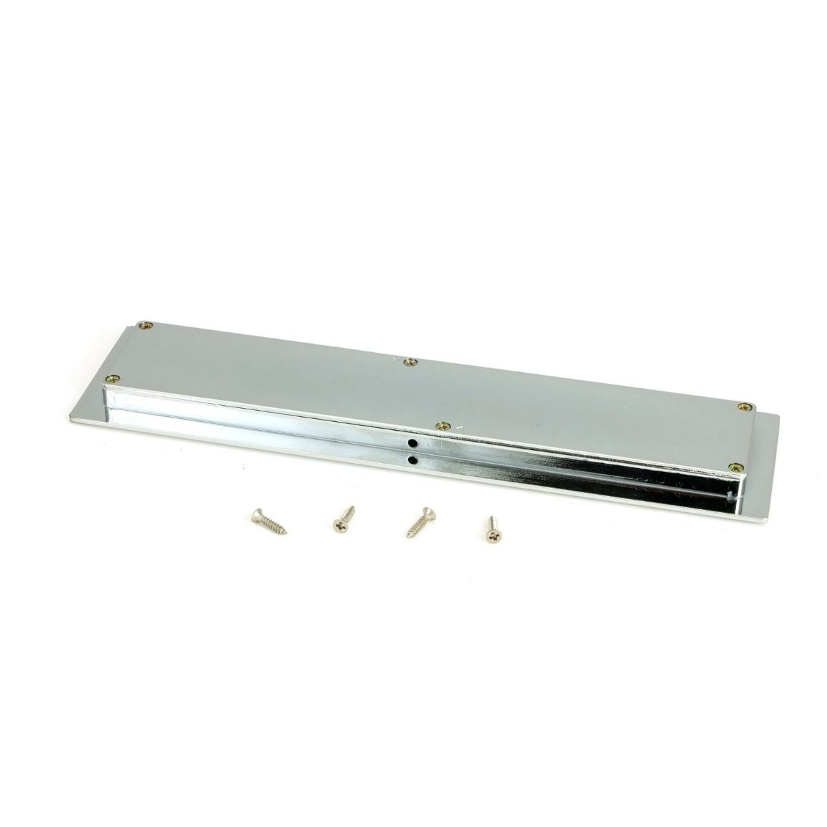 The 250mm Art Deco Rectangular Flush Pull Handle in Polished Chrome Shown from behind on a White Background with Supplied Fitting Screws