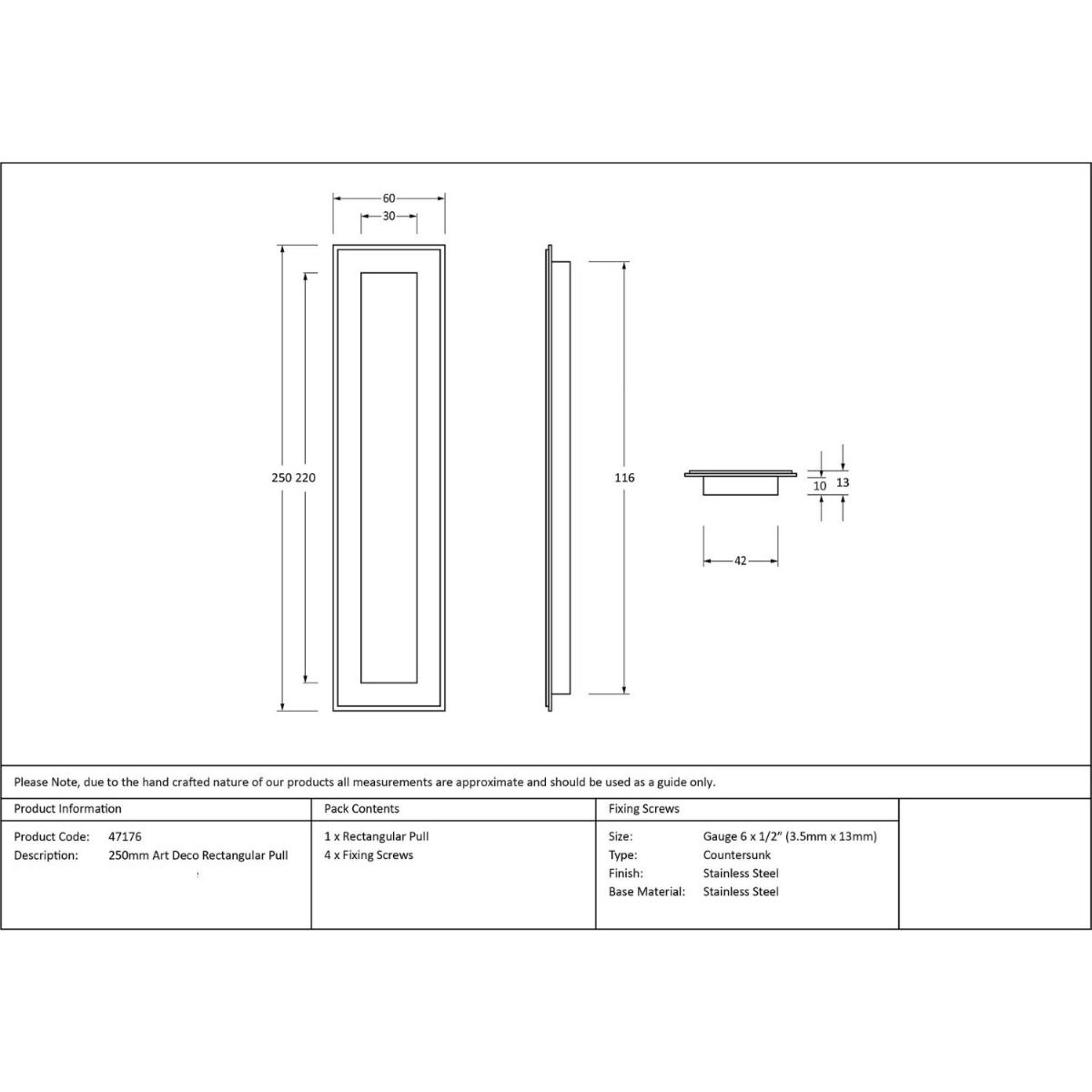 The 250mm Art Deco Rectangular Flush Pull Handle Technical Drawings and Dimensions