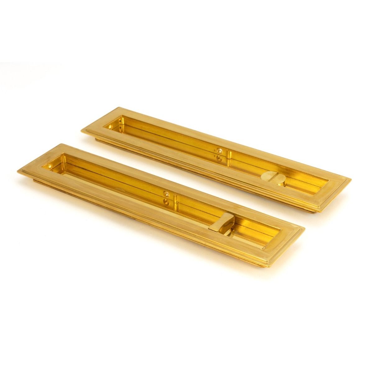 The 250mm Art Deco Rectangular Sliding Pocket Door Privacy Set in Polished Brass Shown on a White Background at an Angle
