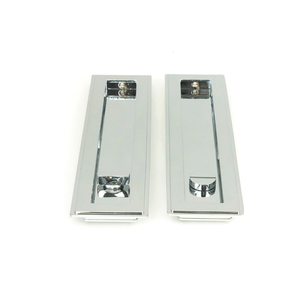 The 250mm Art Deco Rectangular Sliding Pocket Door Privacy Set in Polished Chrome Showing the Front and Rear Section Next to Each Other
