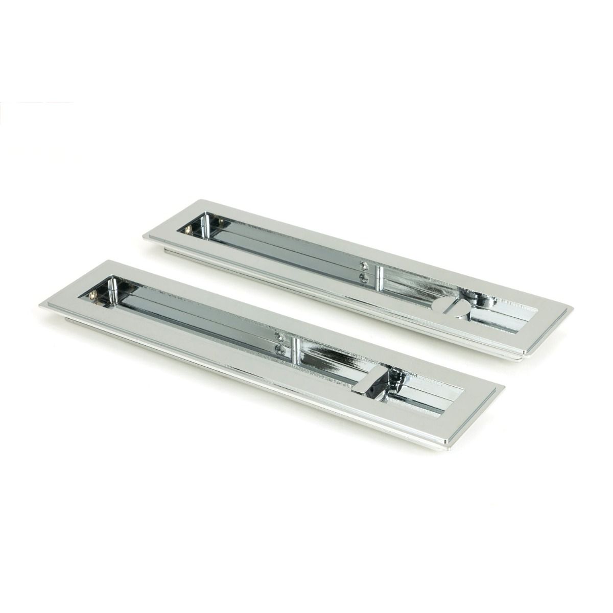 The 250mm Art Deco Rectangular Sliding Pocket Door Privacy Set in Polished Chrome Shown from an Angle on a White Background