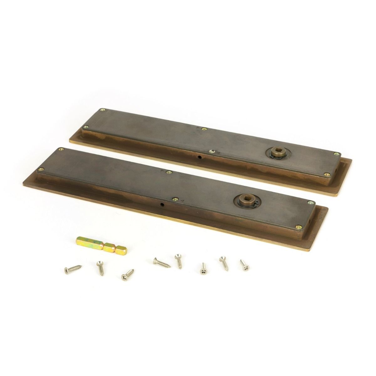 The 250mm Classic Rectangular Sliding Pocket Door Privacy Set in Aged Brass Shown from Behind with Supplied Screws and Spindle