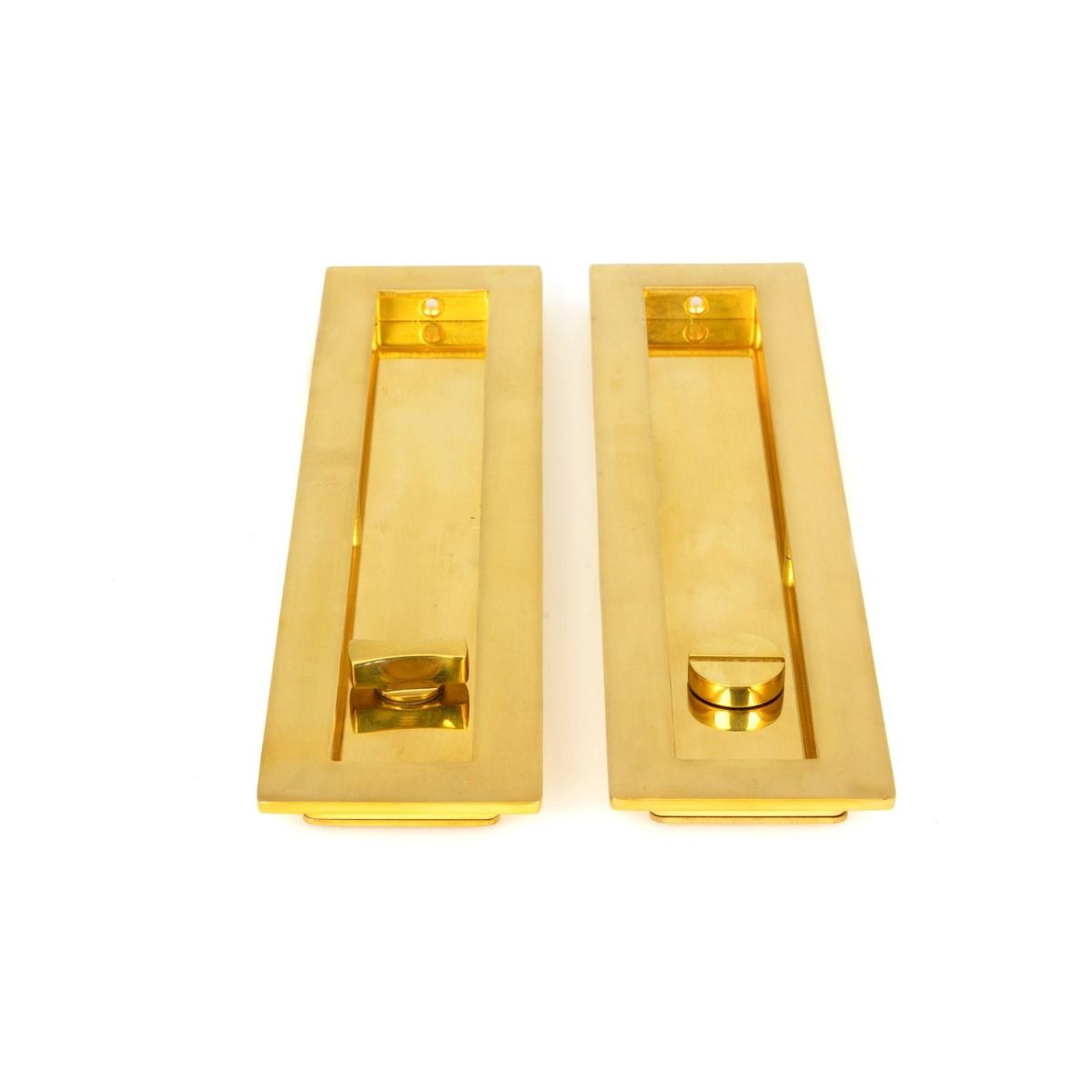 The 250mm Classic Rectangular Sliding Pocket Door Privacy Set in Polished Brass Shown laying on a White Background