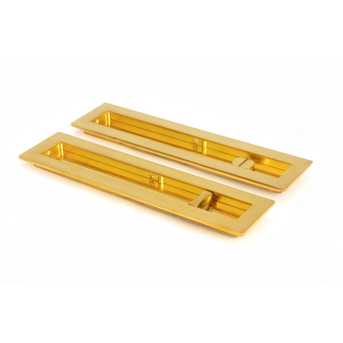 The 250mm Classic Rectangular Sliding Pocket Door Privacy Set in Polished Brass Shown on a White Background at an Angle