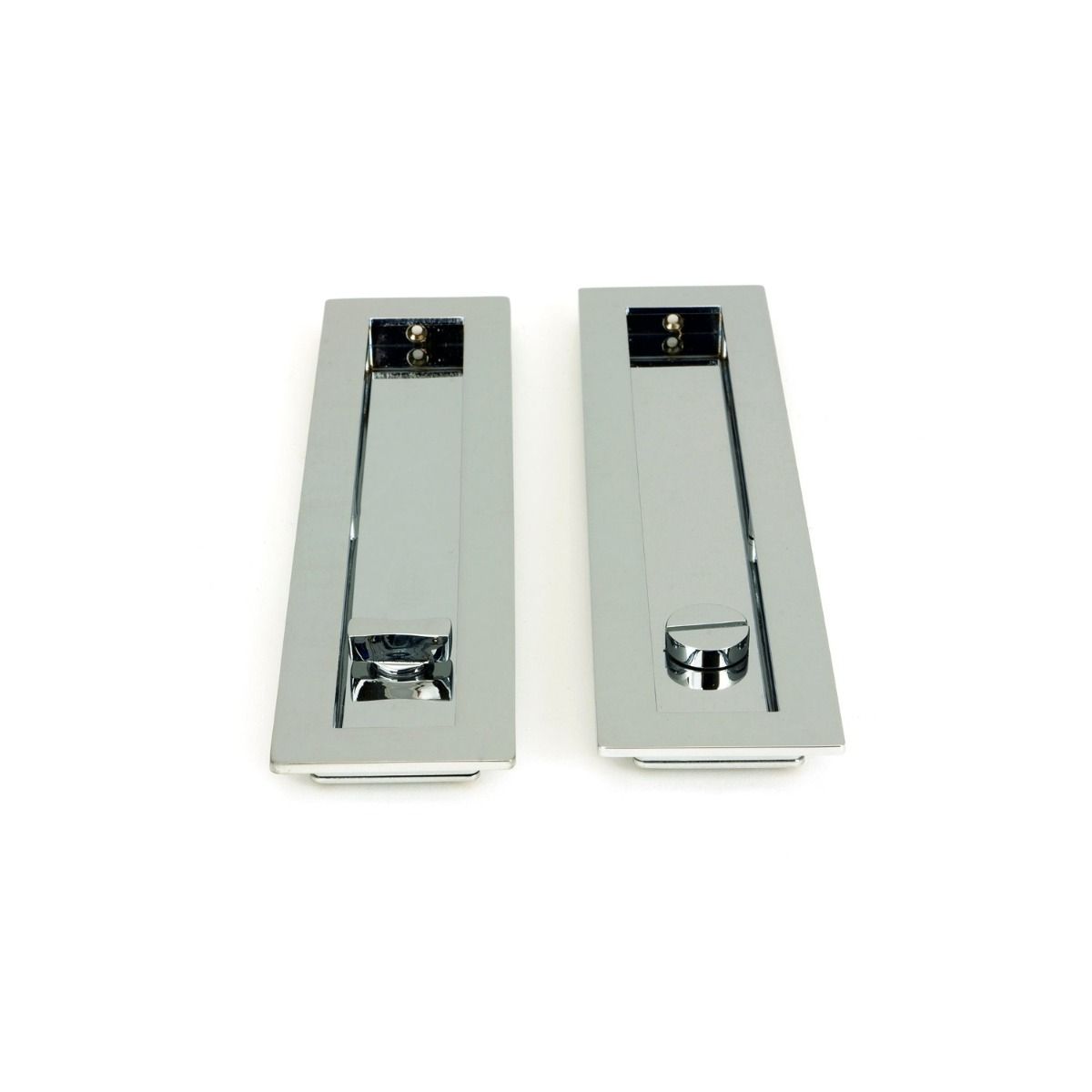 The 250mm Classic Rectangular Sliding Pocket Door Privacy Set in Polished Chrome Showing the Front and Rear Section Next to Each Other