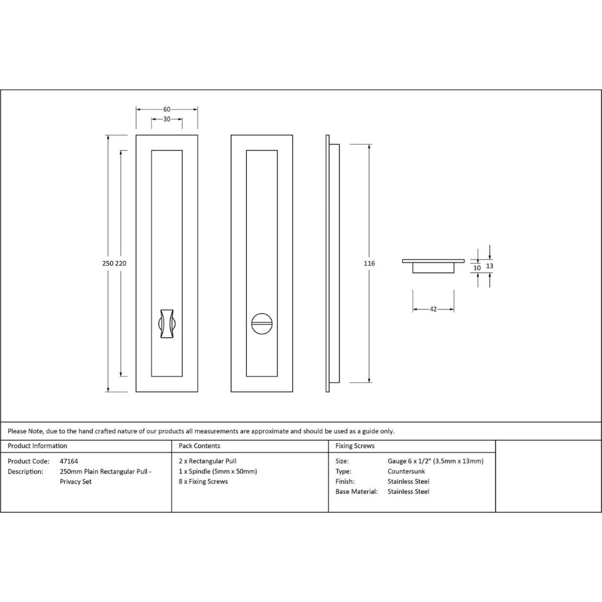 The 250mm Classic Rectangular Sliding Pocket Door Privacy Set Technical Drawings and Dimensions
