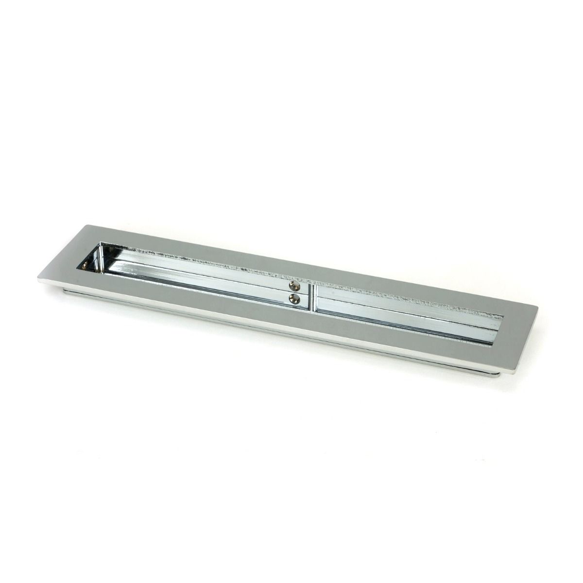 The 250mm Plain Rectangular Flush Pull Handle in Polished Chrome Shown at an Angle on a White Background