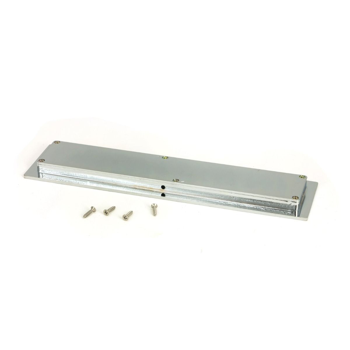 The 250mm Plain Rectangular Flush Pull Handle in Polished Chrome Shown from behind on a White Background with Supplied Fitting Screws