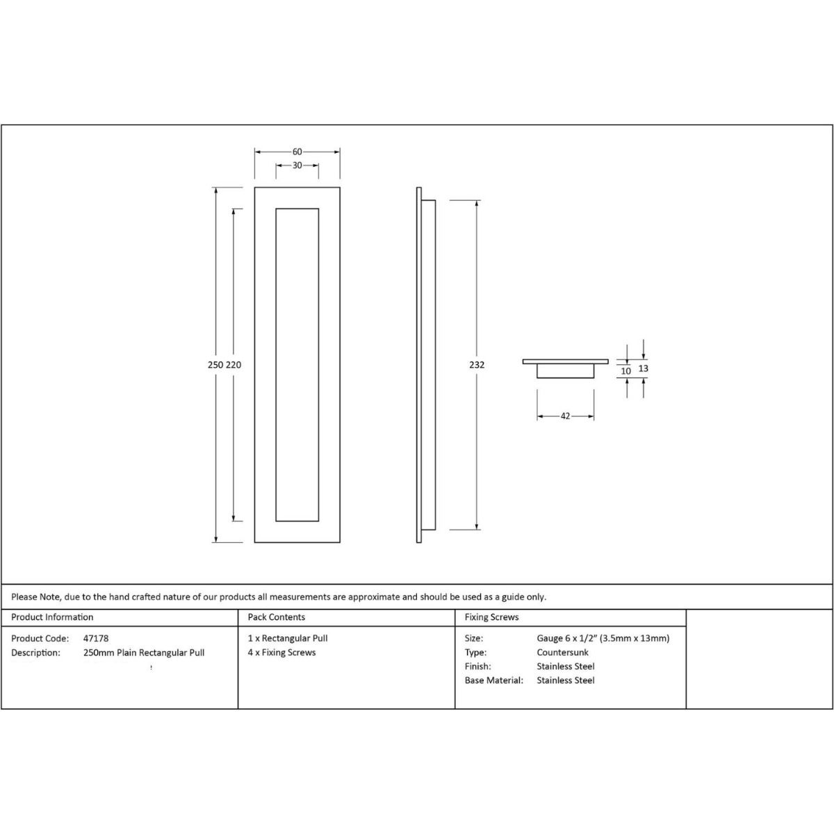 The 250mm Plain Rectangular Flush Pull Handle Technical Drawings and Dimensions