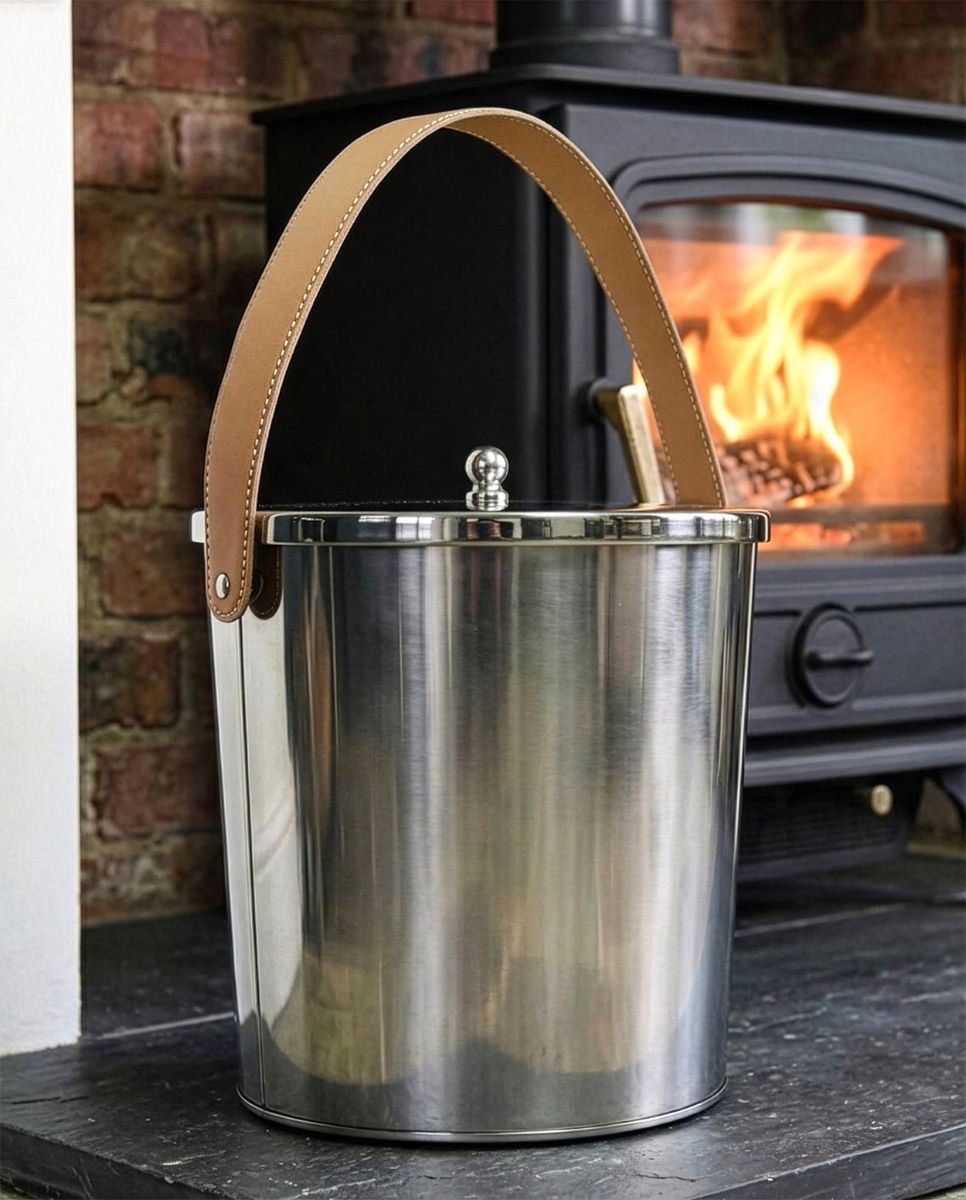 The 25cm Modern Stainless Steel Ash Bucket Displayed in a Contemporary Living Room with a Log Burner - Digital Illustration