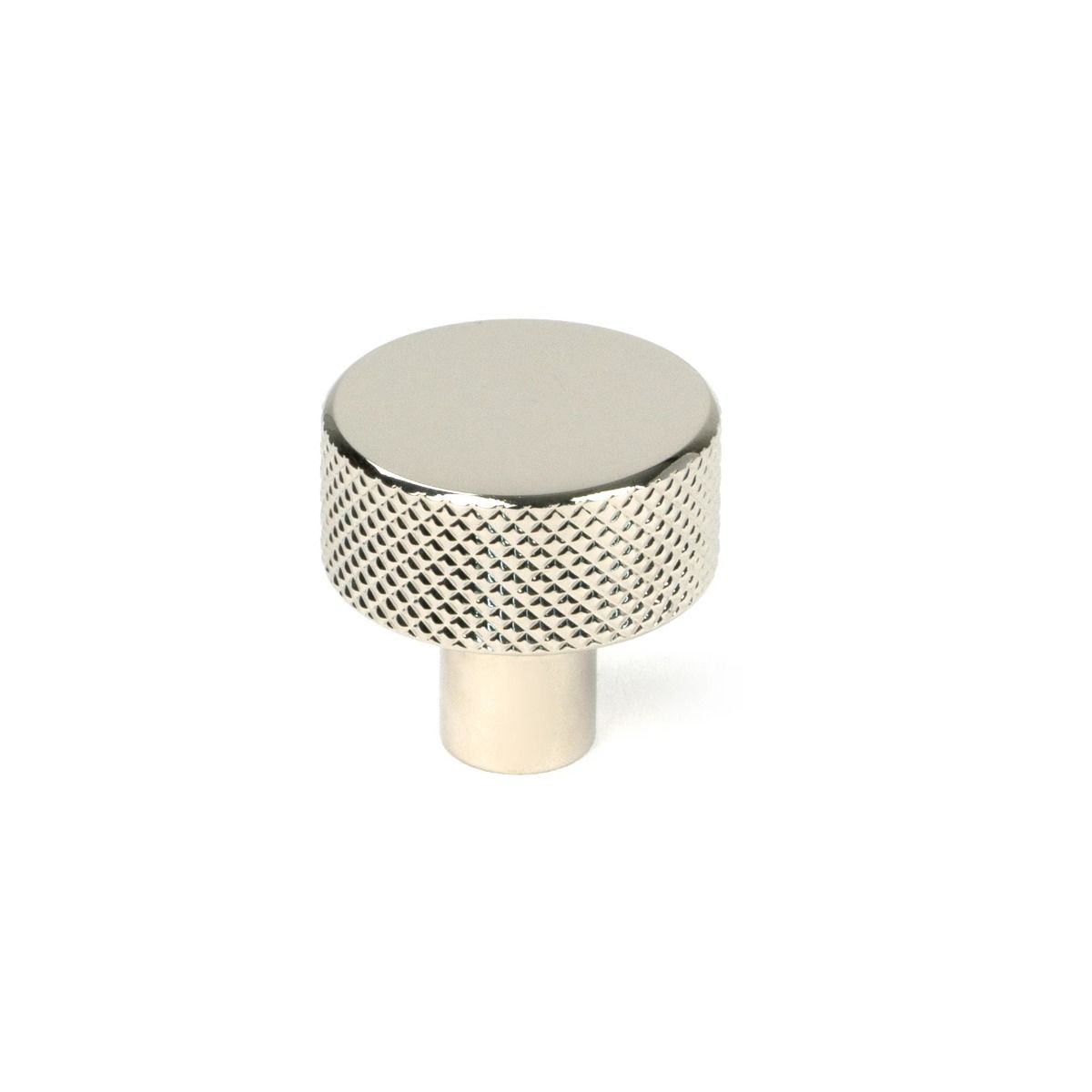 The 25mm "Vesper" Knurled Edge Cabinet Knob in Polished Nickel Displayed on a White Background Shown Standing Upright 