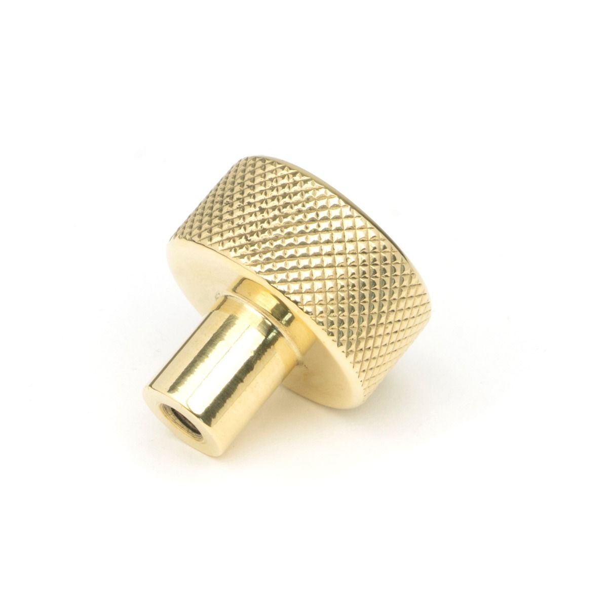 The 25mm Knurled Cabinet Knob (No Rose) in Polished Brass Seen from Behind 