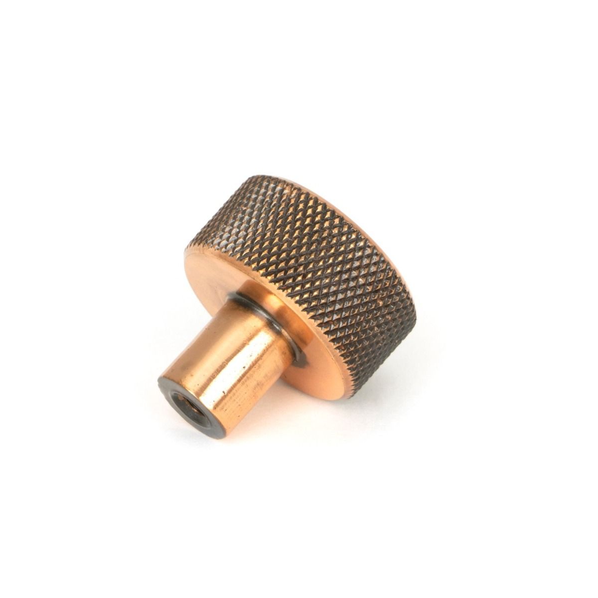 The 25mm Knurled Cabinet Knob (No Rose) in Polished Bronze seen from Behind on a White Background 