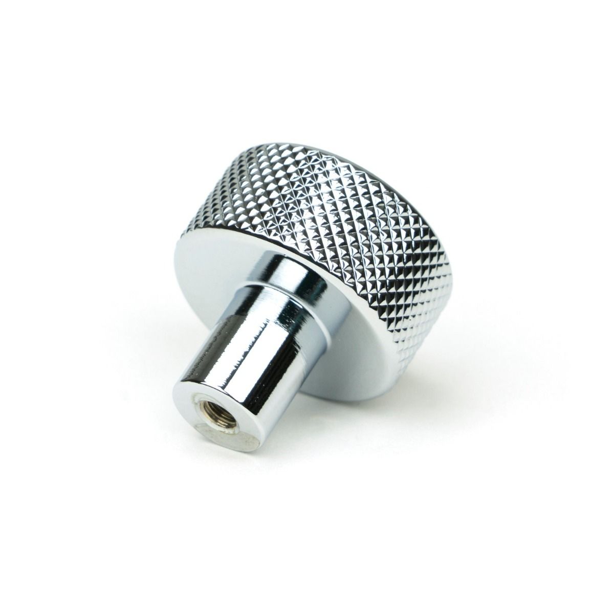 The 25mm Knurled Cabinet Knob (No Rose) in Polished Chrome Seen from Behind on a White Background 
