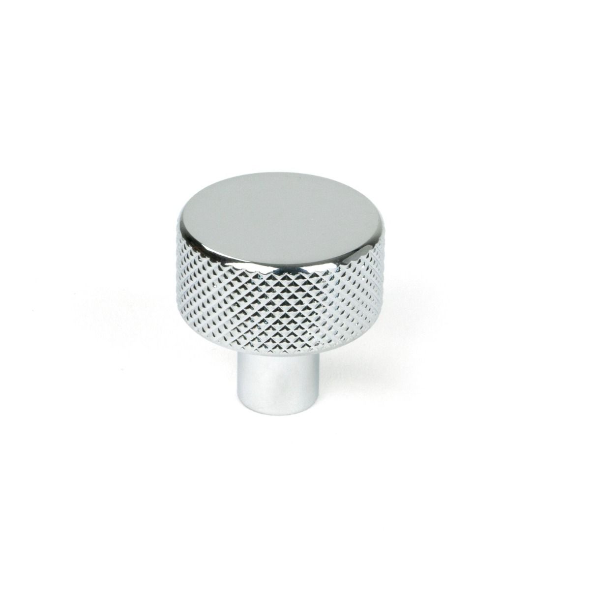 The 25mm Knurled Cabinet Knob (No Rose) in Polished Chrome Shown Upright on a White Background 