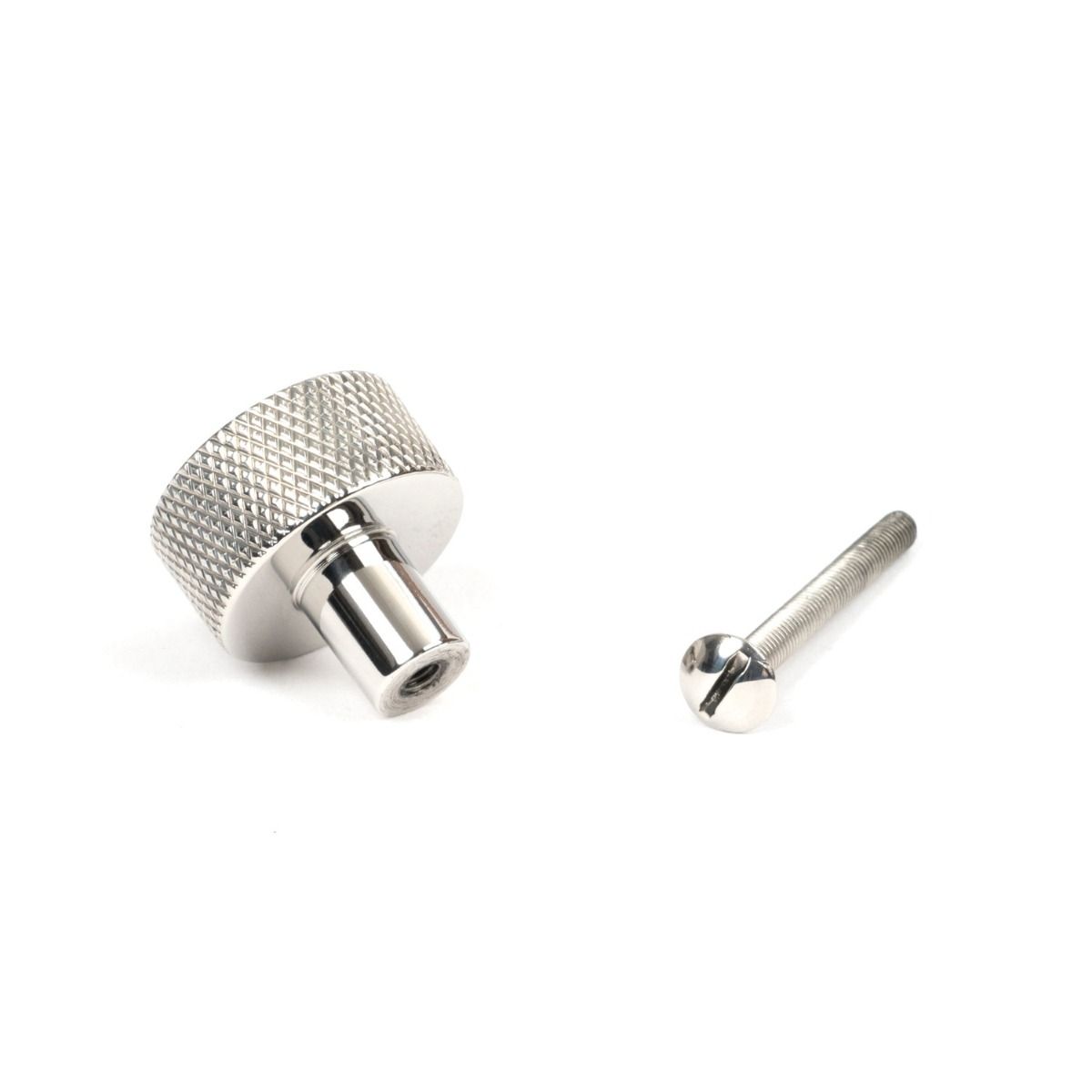 The 25mm Knurled Cabinet Knob (No Rose) in Polished Stainless Steel Displayed with Fitting Bolt