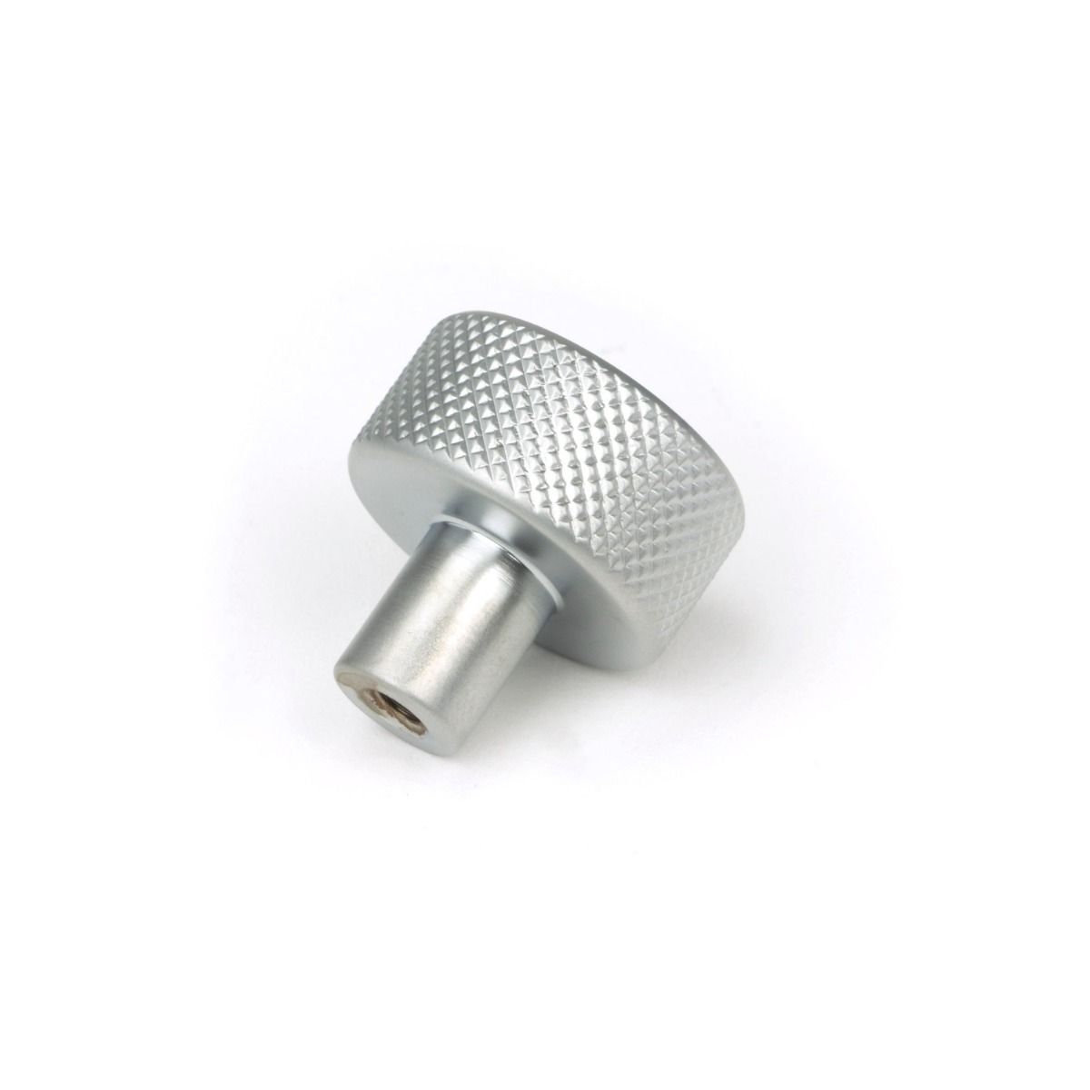 The 25mm Knurled Cabinet Knob (No Rose) in Satin Chrome Shown from Behind on a White Background