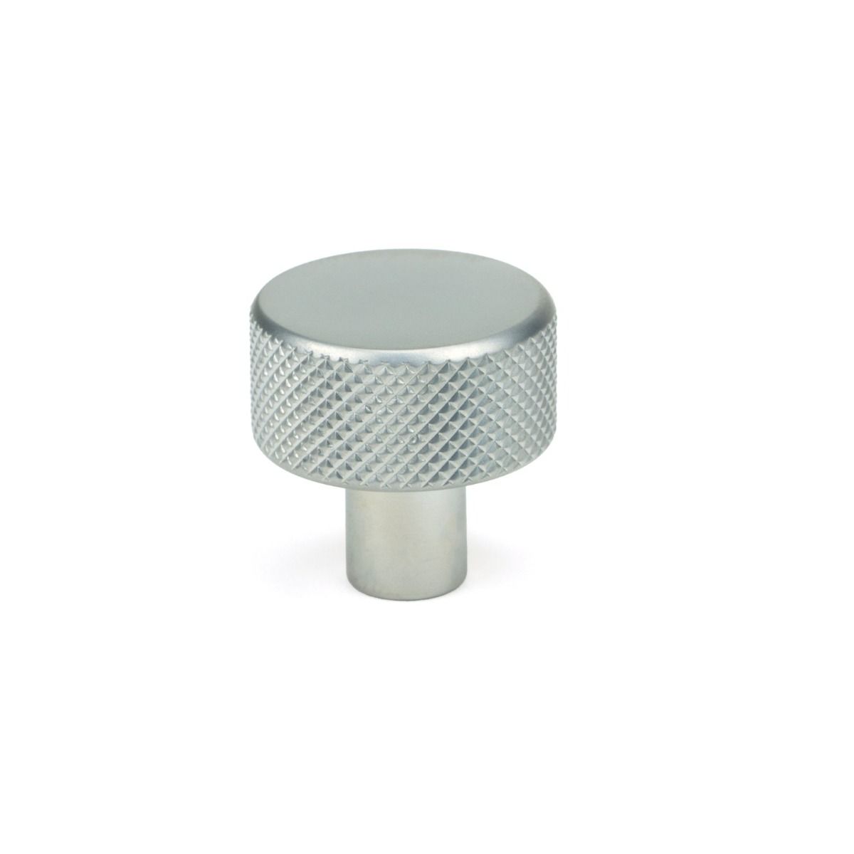 The 25mm Knurled Cabinet Knob (No Rose) in Satin Chrome Shown Upright on a White Background