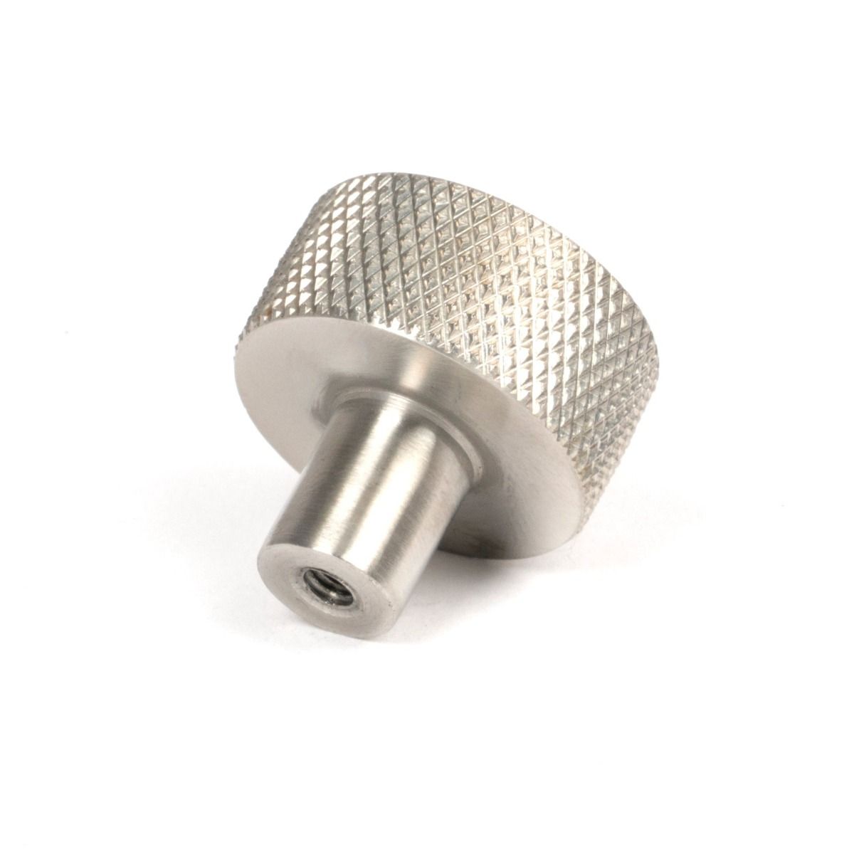 The 25mm Knurled Cabinet Knob (No Rose) in Satin Stainless Steel Shown from Behind on a White Background