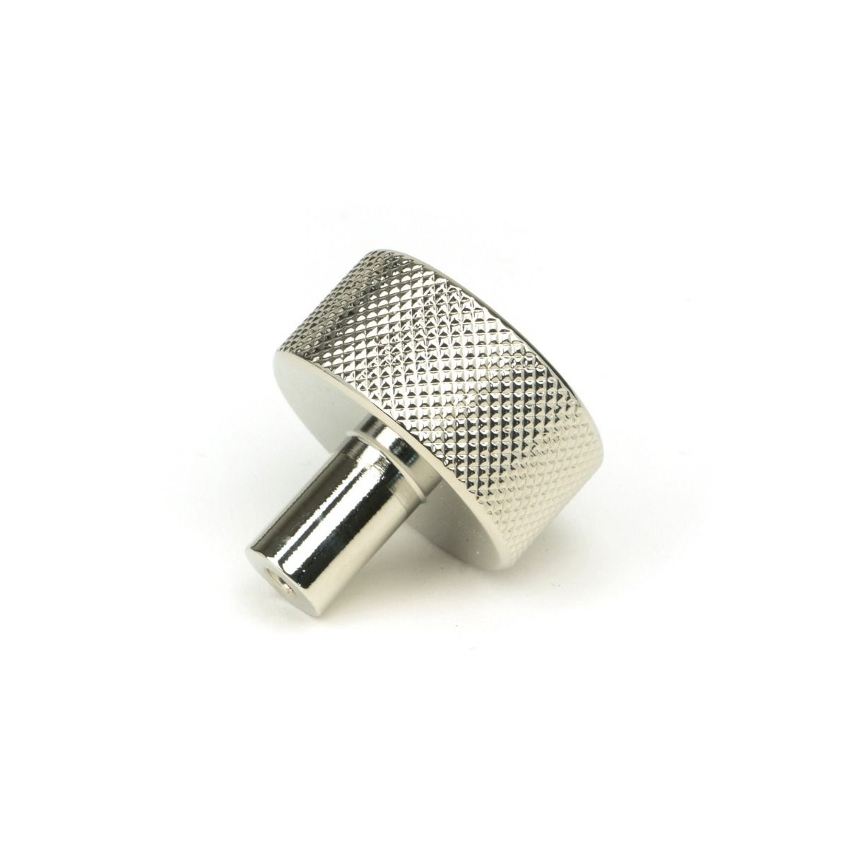 The 25mm Knurled Cabinet Knob (No Rose) in Satin Stainless Steel Shown from Behind on a White Background