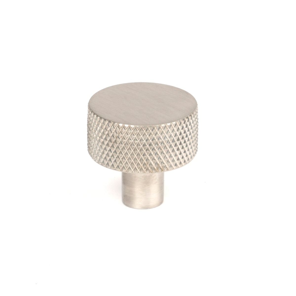 The 25mm Knurled Cabinet Knob (No Rose) in Satin Stainless Steel Shown Upright on a White Background