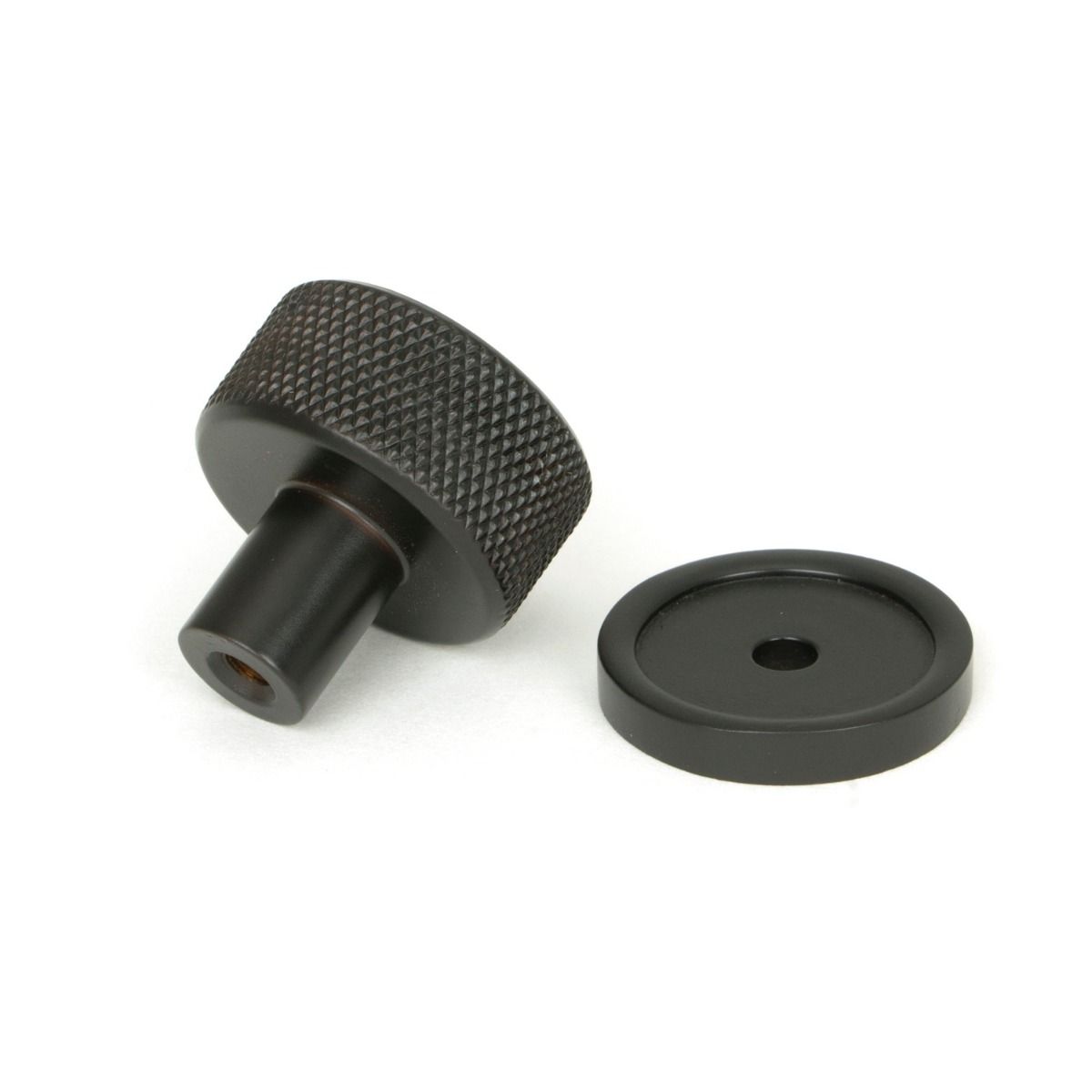 The 25mm Knurled Cabinet Knob on a Plain Rose in Aged Bronze Displayed in Separate Sections 