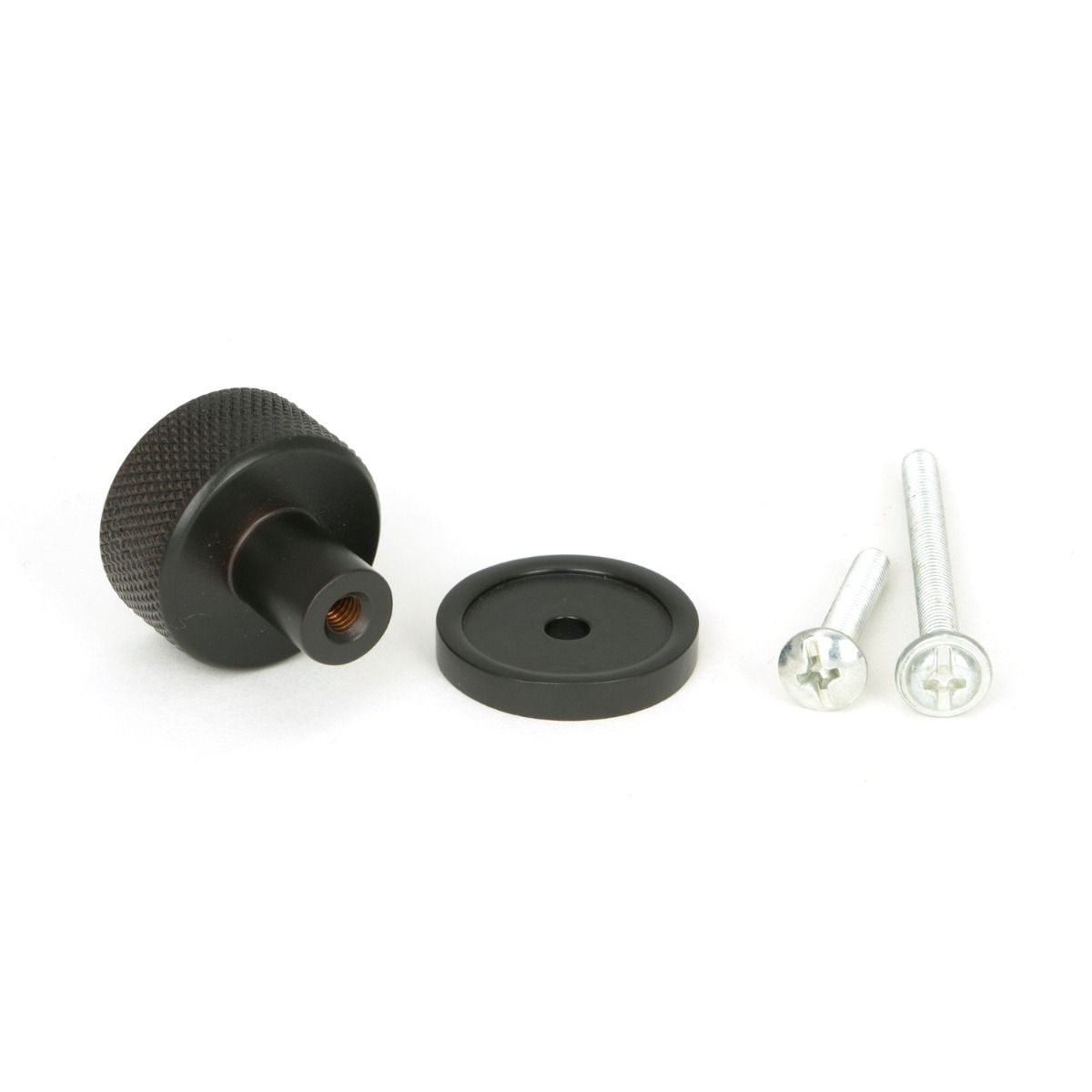 The 25mm Knurled Cabinet Knob on a Plain Rose in Aged Bronze with Fitting Bolt 