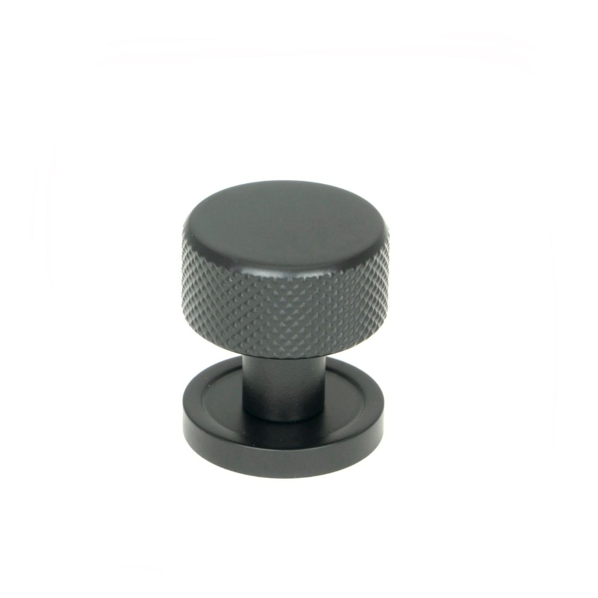 The 25mm Knurled Cabinet Knob on a Plain Rose in Matt Black Shown Upright on a White Background 