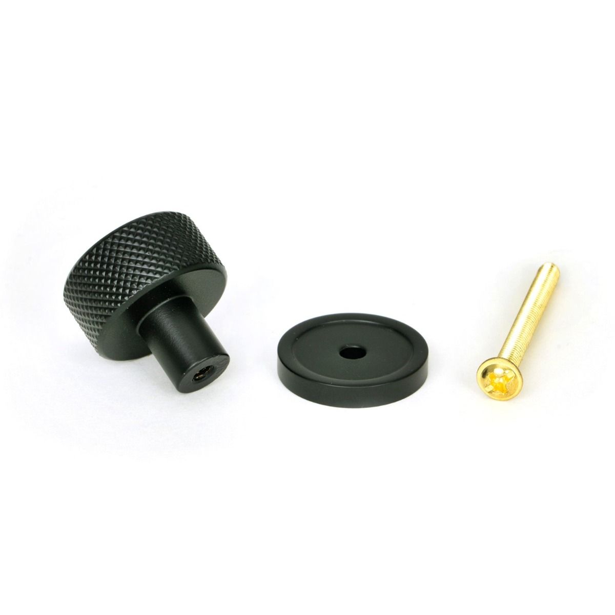 The 25mm Knurled Cabinet Knob on a Plain Rose in Matt Black with Fitting Bolt 