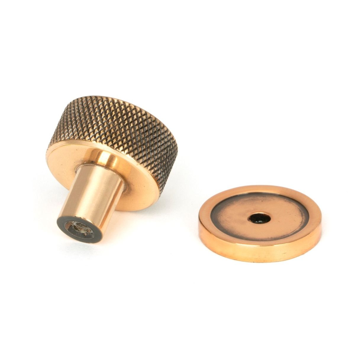 The 25mm Knurled Cabinet Knob on a Plain Rose in Polished Bronze Displayed in Separate Sections 