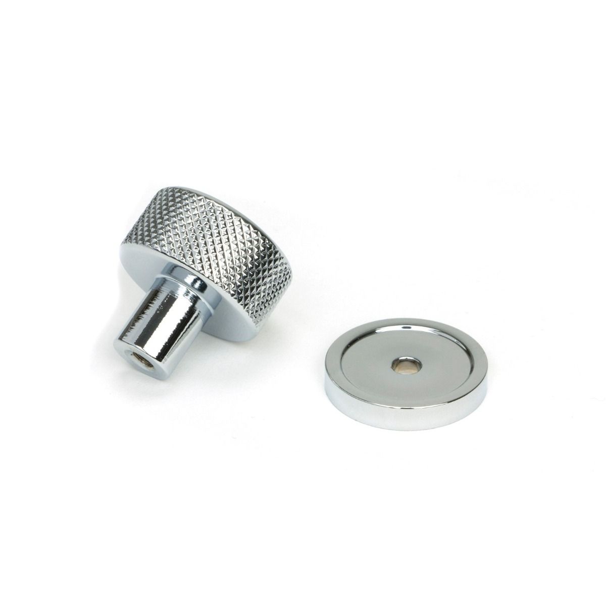 The 25mm Knurled Cabinet Knob on a Plain Rose in Polished Chrome Displayed in Separate Sections on a White Background 