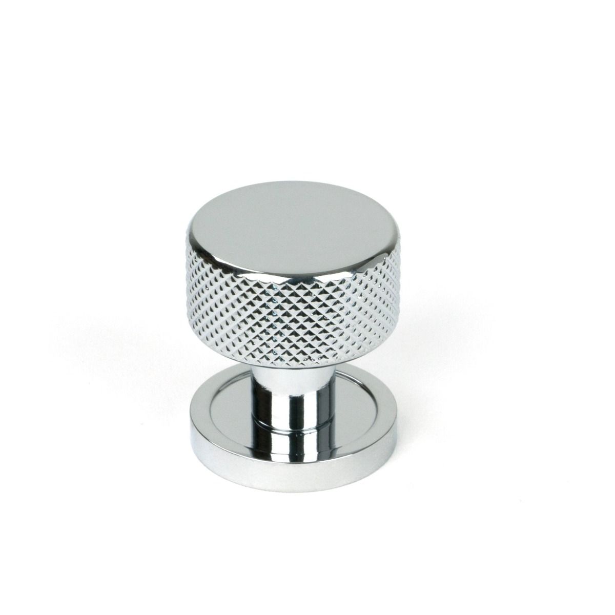 The 25mm Knurled Cabinet Knob on a Plain Rose in Polished Chrome Shown Upright on a White Background 