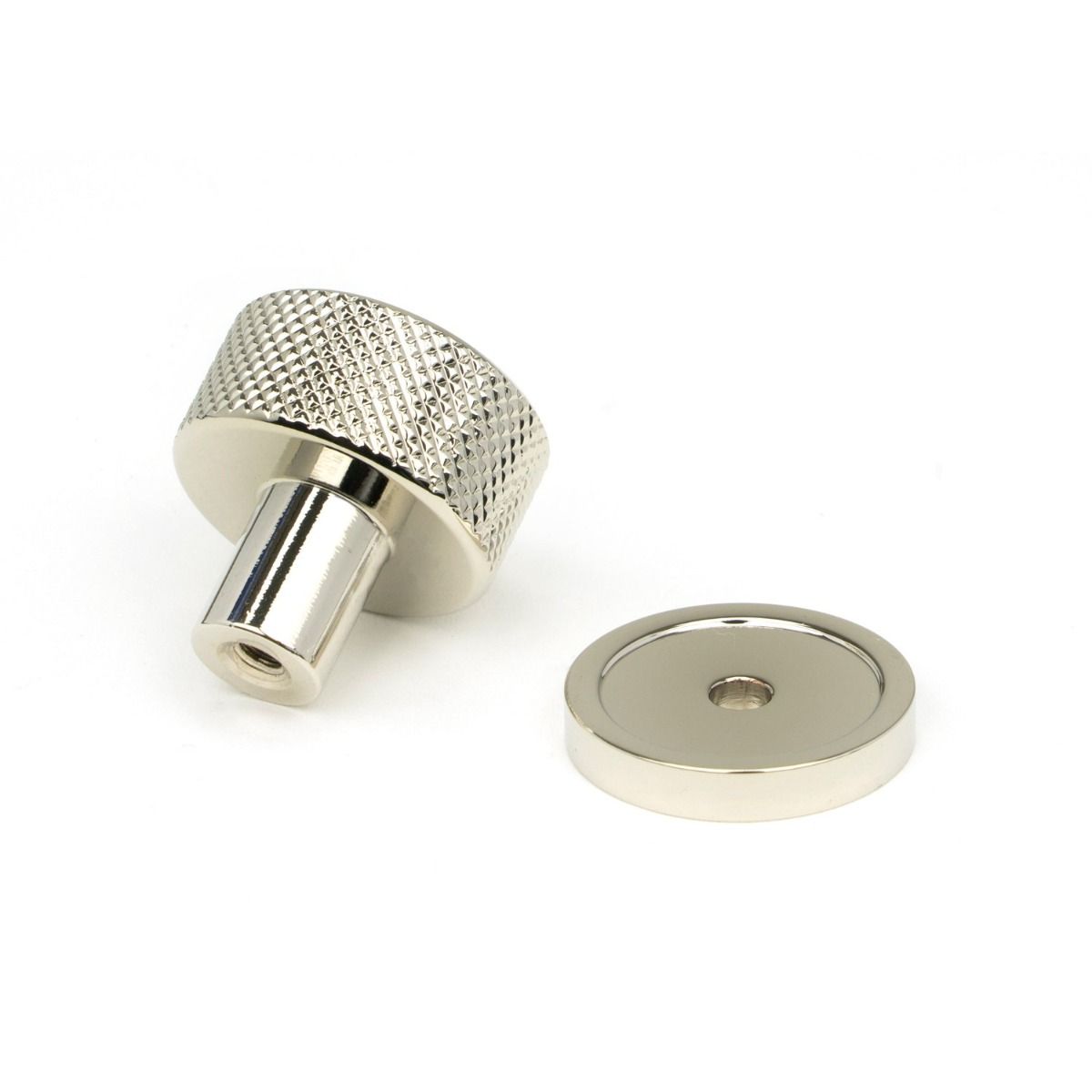 The 25mm Knurled Cabinet Knob on a Plain Rose in Polished Nickel Displayed in Separate Sections 
