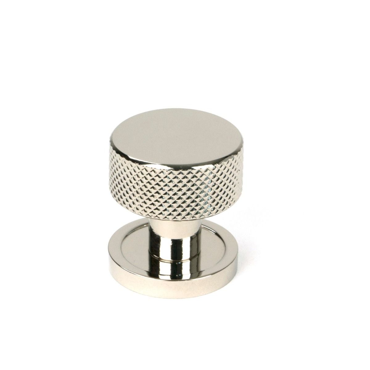 The 25mm Knurled Cabinet Knob on a Plain Rose in Polished Nickel Shown Upright on a White Background 